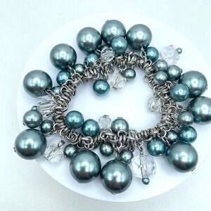 Vintage Silver-Tone Blue Mother Of Pearls Beaded Chunky Statement Chain Bracelet